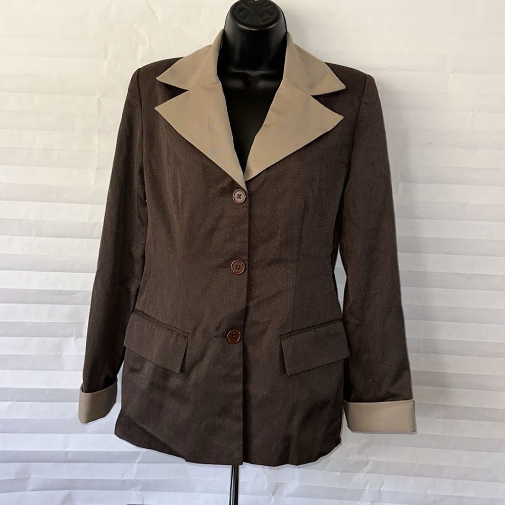Lew Magram Women's Brown/Cream Long Sleeve Blazer Size 4 2-Pocket Classic Jacket